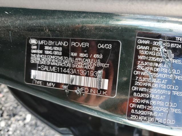 SALME11443A139193 - 2003 LAND ROVER RANGE ROVE HSE GREEN photo 12