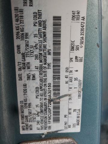 1FMCU0F72DUA30150 - 2013 FORD ESCAPE S TURQUOISE photo 12