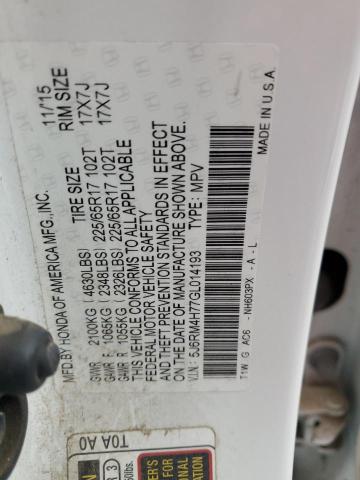 5J6RM4H77GL014193 - 2016 HONDA CR-V EXL 白色 照片 13