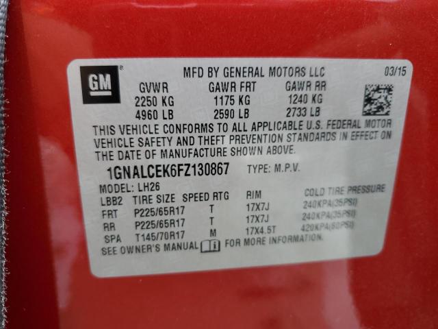 1GNALCEK6FZ130867 - 2015 CHEVROLET EQUINOX LT 红色 照片 13