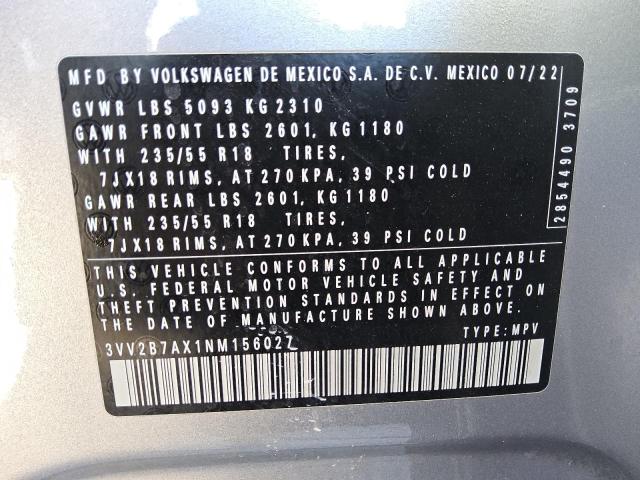 3VV2B7AX1NM156027 - 2022 VOLKSWAGEN TIGUAN SE SILVER photo 12