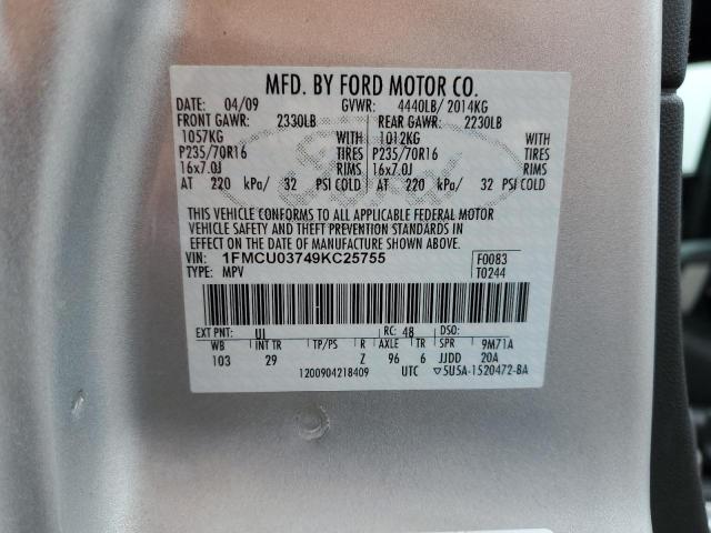 1FMCU03749KC25755 - 2009 FORD ESCAPE XLT SILVER photo 12