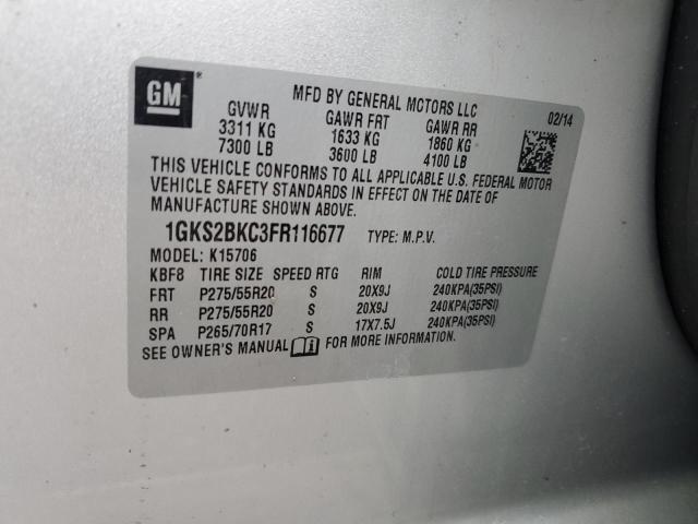 1GKS2BKC3FR116677 - 2015 GMC YUKON SLT SILVER photo 12