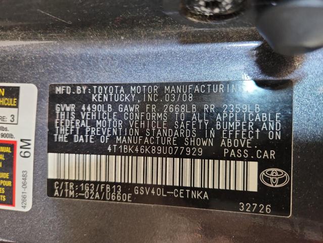 4T1BK46K89U077929 - 2009 TOYOTA CAMRY SE GRAY photo 12