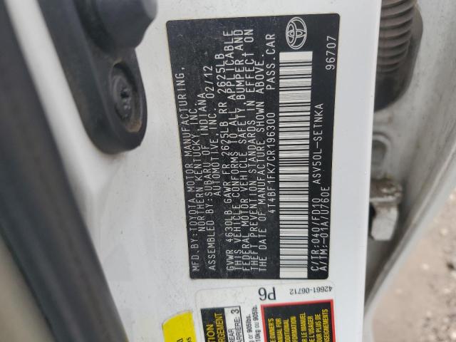 4T4BF1FK7CR196300 - 2012 TOYOTA CAMRY BASE WHITE photo 12