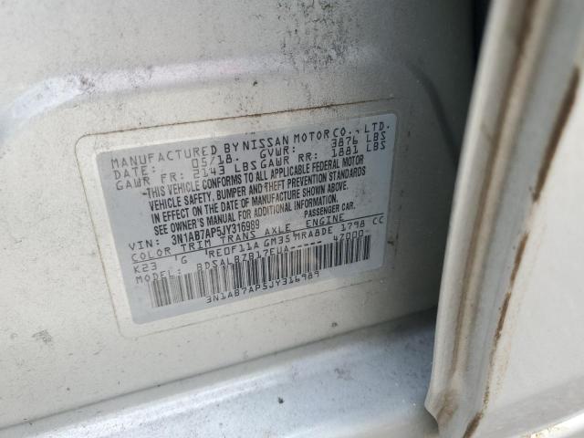 3N1AB7AP5JY316989 - 2018 NISSAN SENTRA S 银色 照片 12