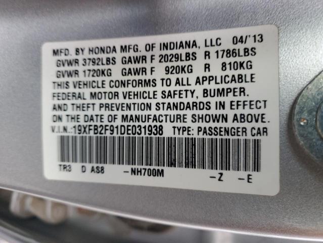 19XFB2F91DE031938 - 2013 HONDA CIVIC EXL ვერცხლისფერი ფოტო 12