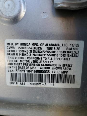 5FNYF18416B005538 - 2006 HONDA PILOT EX SILVER photo 13