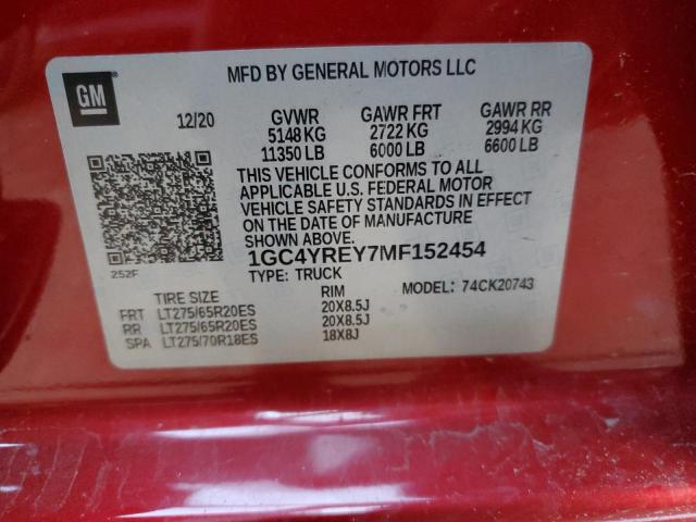 1GC4YREY7MF152454 - 2021 CHEVROLET SILVERADO K2500 HIGH COUNTRY RED photo 12