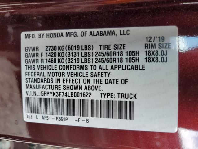 5FPYK3F74LB001622 - 2020 HONDA RIDGELINE RTL Бордовый фото 13