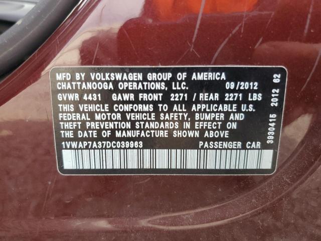1VWAP7A37DC039963 - 2013 VOLKSWAGEN PASSAT S Темно-червоний фото 12