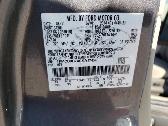1FMCU0D74CKA17428 - 2012 FORD ESCAPE XLT GRAY photo 13