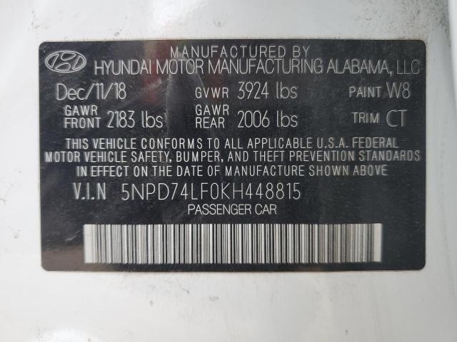 5NPD74LF0KH448815 - 2019 HYUNDAI ELANTRA SE WHITE photo 12