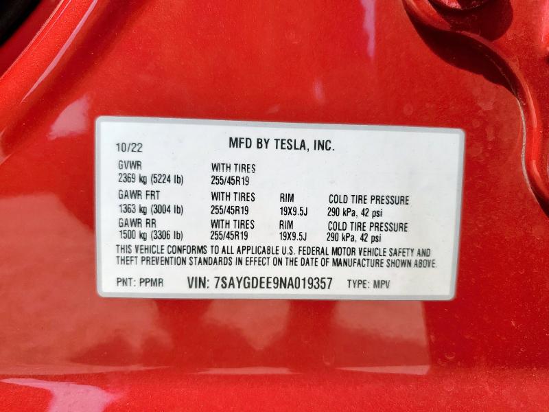 7SAYGDEE9NA019357 - 2022 TESLA MODEL Y 红色 照片 14