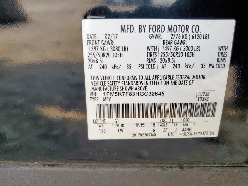 1FM5K7F83HGC32645 - 2017 FORD EXPLORER LIMITED BLACK photo 13