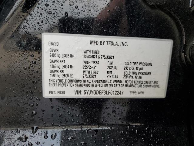 5YJYGDEF3LF012247 - 2020 TESLA MODEL Y 黑色 照片 14