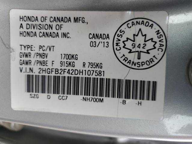 2HGFB2F42DH107581 - 2013 HONDA CIVIC LX SILVER photo 13