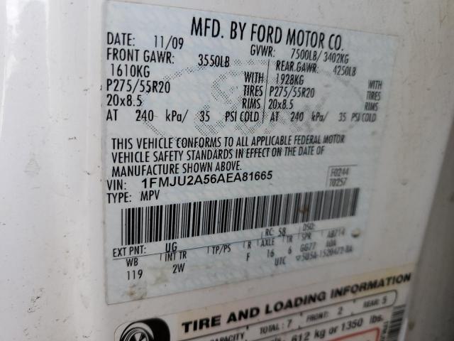 1FMJU2A56AEA81665 - 2010 FORD EXPEDITION LIMITED WHITE photo 12