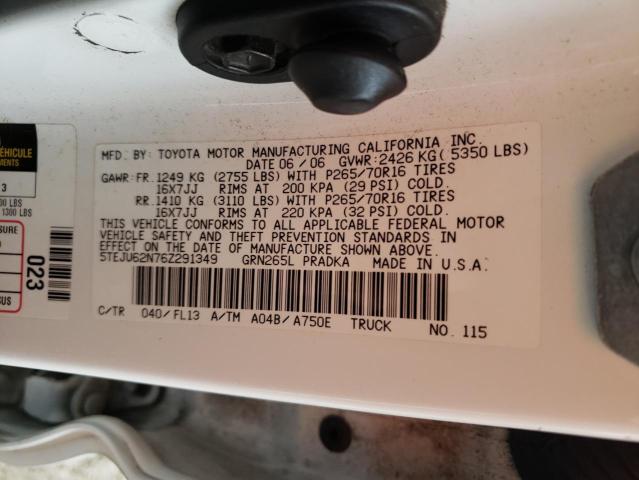 5TEJU62N76Z291349 - 2006 TOYOTA TACOMA DOUBLE CAB PRERUNNER WHITE photo 12