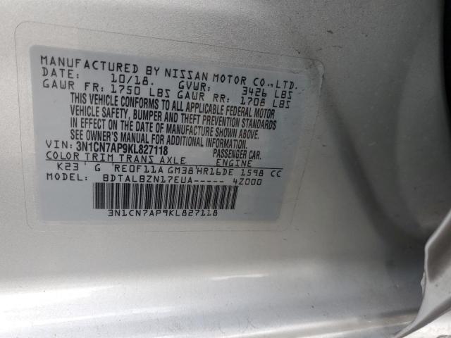 3N1CN7AP9KL827118 - 2019 NISSAN VERSA S ვერცხლისფერი ფოტო 13