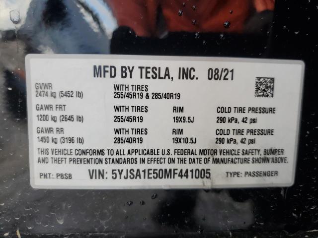 5YJSA1E50MF441005 - 2021 TESLA MODEL S Czarny zdjęcie 13