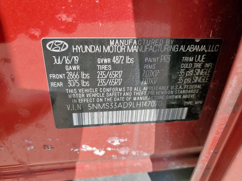 5NMS33AD9LH147070 - 2020 HYUNDAI SANTA FE SEL RED photo 13