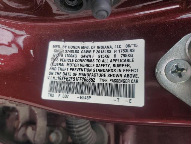 19XFB2F51FE265352 - 2015 HONDA CIVIC LX MAROON photo 12