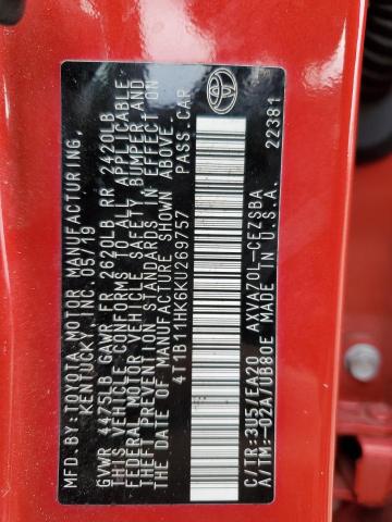 4T1B11HK6KU269757 - 2019 TOYOTA CAMRY L RED photo 12