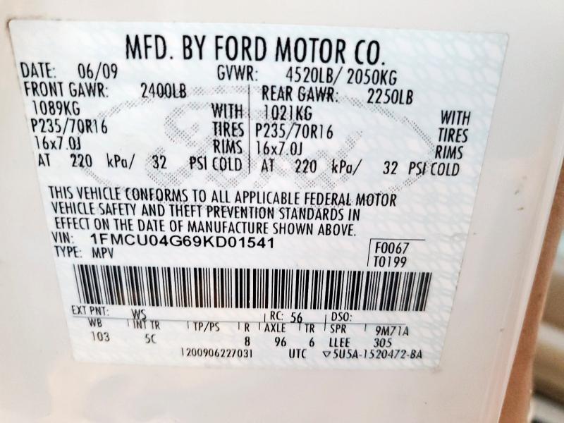 1FMCU04G69KD01541 - 2009 FORD ESCAPE LIMITED 白色 照片 12