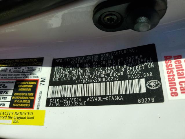 4T1BE46K99U850253 - 2009 TOYOTA CAMRY BASE WHITE photo 12