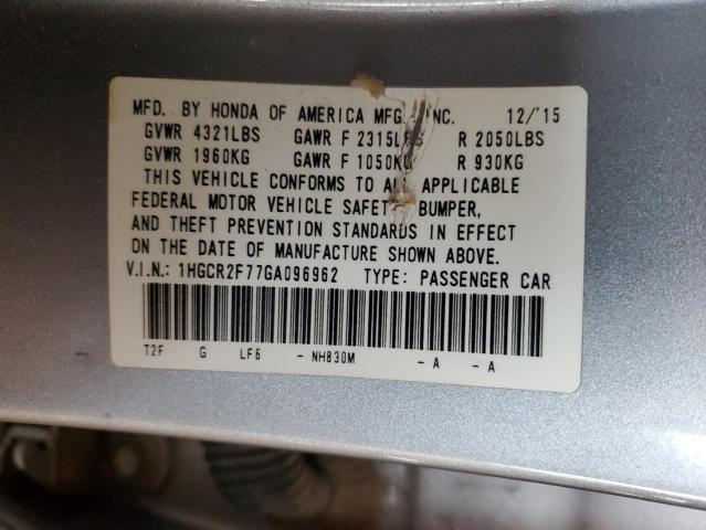 1HGCR2F77GA096962 - 2016 HONDA ACCORD EX 银色 照片 12
