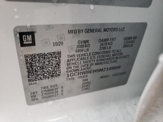 1GCRWBEH5MZ149859 - 2021 CHEVROLET SILVERADO C1500 CUSTOM WHITE photo 12