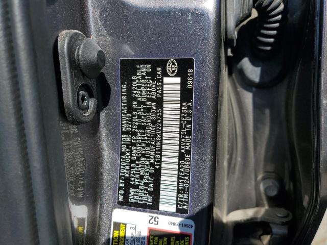 4T1B11HK8KU224755 - 2019 TOYOTA CAMRY L GRAY photo 12