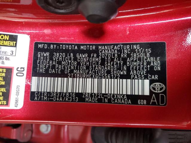 2T1BURHEXGC556172 - 2016 TOYOTA COROLLA L RED photo 12