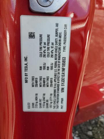 5YJ3E1EA1NF185853 - 2022 TESLA MODEL 3 Rojo foto 12