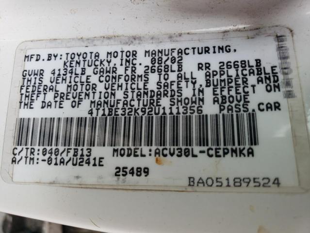 4T1BE32K92U111356 - 2002 TOYOTA CAMRY LE თეთრი ფოტო 12