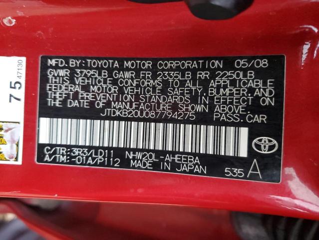 JTDKB20U087794275 - 2008 TOYOTA PRIUS RED photo 12