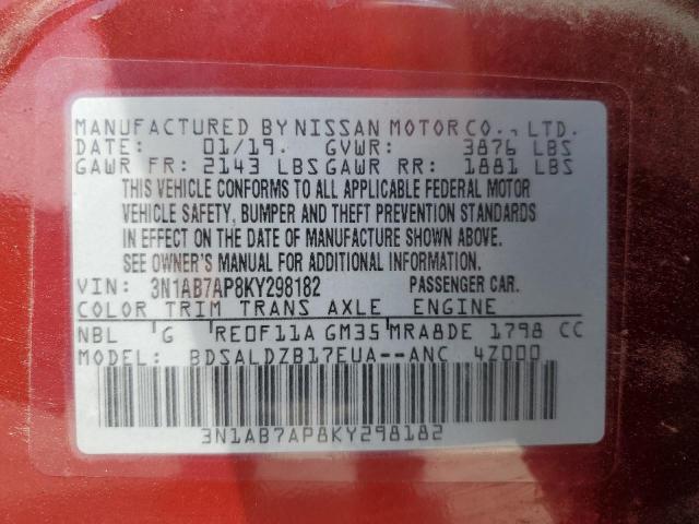 3N1AB7AP8KY298182 - 2019 NISSAN SENTRA S 红色 照片 13