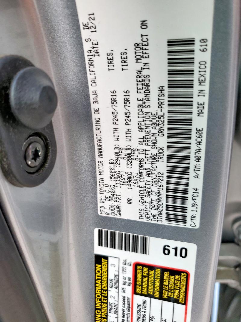 3TMAZ5CNXNM167212 - 2022 TOYOTA TACOMA DOUBLE CAB ვერცხლისფერი ფოტო 12