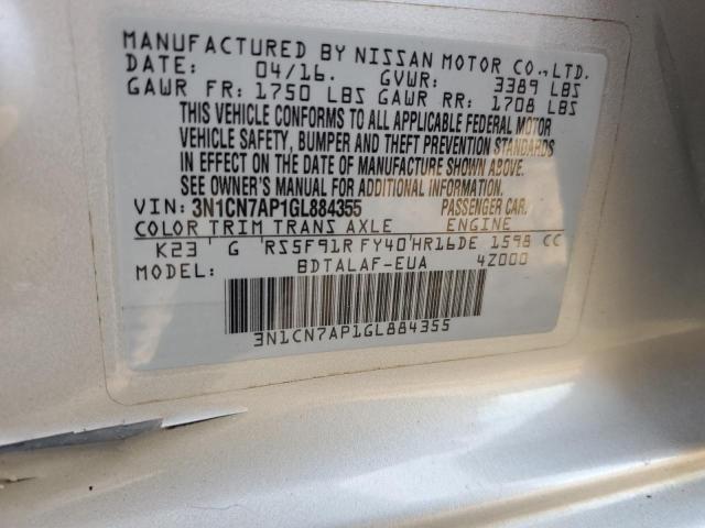 3N1CN7AP1GL884355 - 2016 NISSAN VERSA S SILVER photo 12