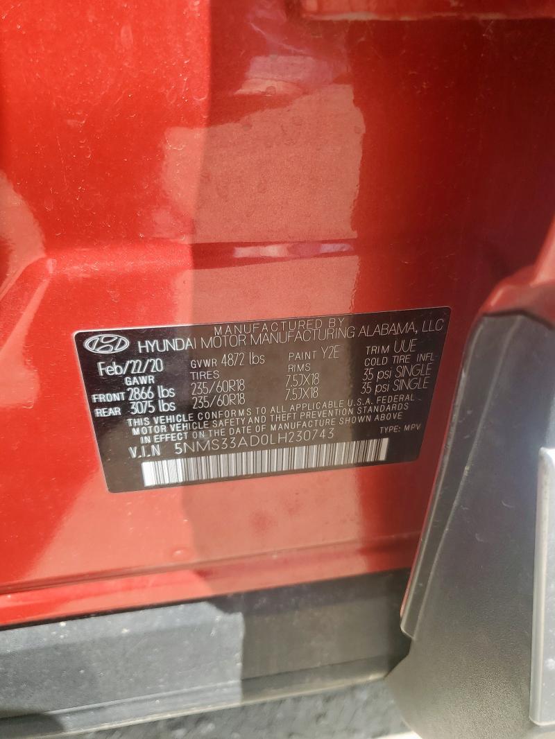 5NMS33AD0LH230743 - 2020 HYUNDAI SANTA FE SEL Kırmızı fotoğraf 12