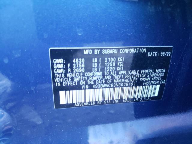 4S3BWAC63N3028491 - 2022 SUBARU LEGACY PREMIUM BLUE photo 12