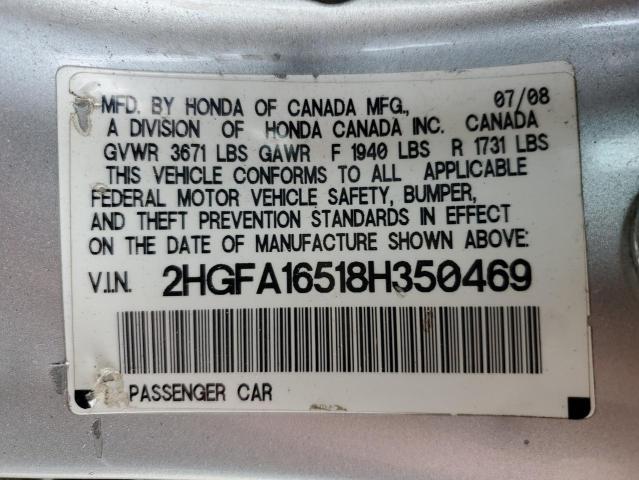 2HGFA16518H350469 - 2008 HONDA CIVIC LX ვერცხლისფერი ფოტო 12