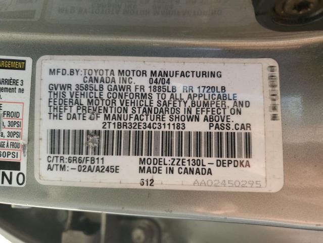 2T1BR32E34C311183 - 2004 TOYOTA COROLLA CE SILVER photo 12