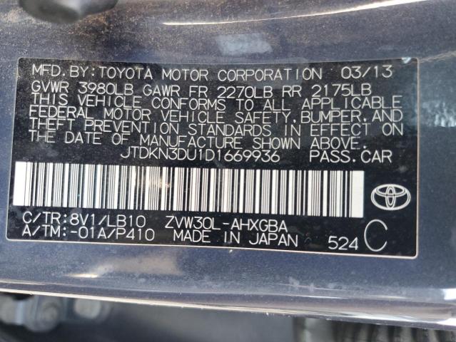 JTDKN3DU1D1669936 - 2013 TOYOTA PRIUS GRAY photo 12