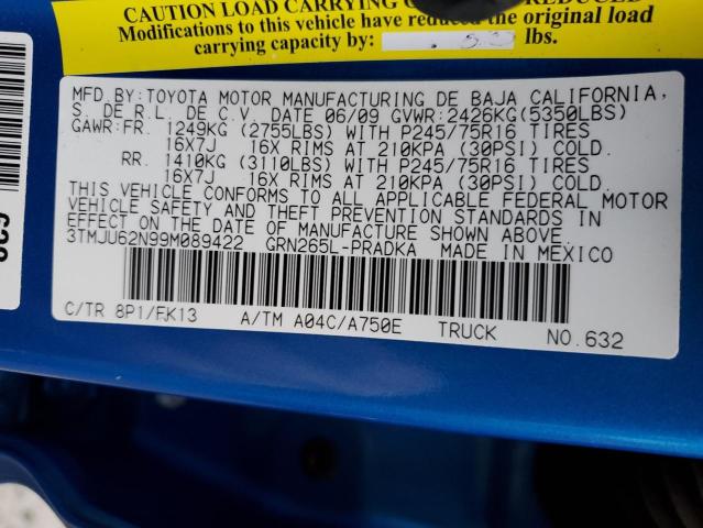 3TMJU62N99M089422 - 2009 TOYOTA TACOMA DOUBLE CAB PRERUNNER BLUE photo 12