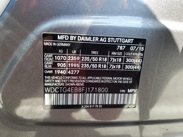 WDCTG4EB8FJ171800 - 2015 MERCEDES-BENZ GLA 250 Gris photo 13