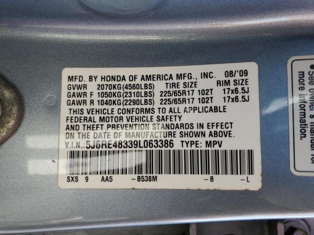 5J6RE48339L063386 - 2009 HONDA CR-V LX SILVER photo 13