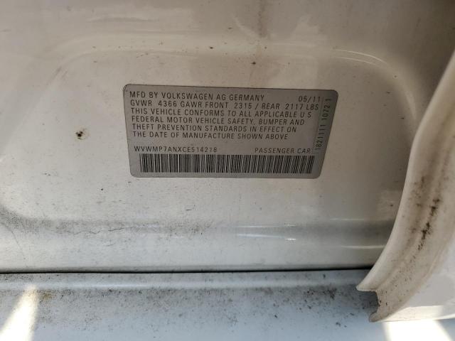 WVWMP7ANXCE514218 - 2012 VOLKSWAGEN CC SPORT WHITE photo 12