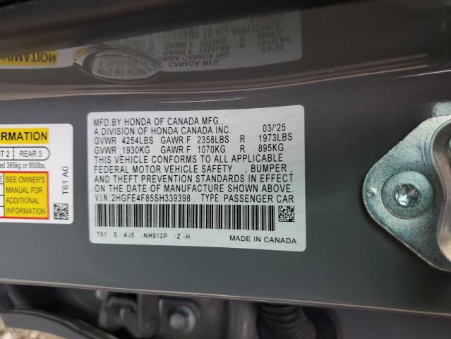 2HGFE4F85SH339398 - 2025 HONDA CIVIC SPORT GRAY photo 13